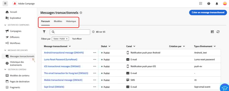 Interface des messages transactionnels affichant les messages déclenchés et leur statut