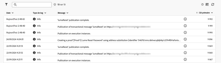 Capture d’écran affichant la liste détaillée des logs dans l’onglet Logs.
