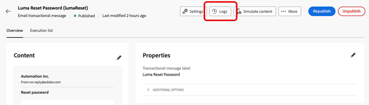 Capture d’écran affichant le bouton Logs dans l’interface de message transactionnel.