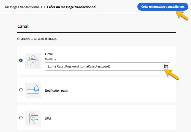 Capture d’écran affichant la sélection du canal pour les messages transactionnels.