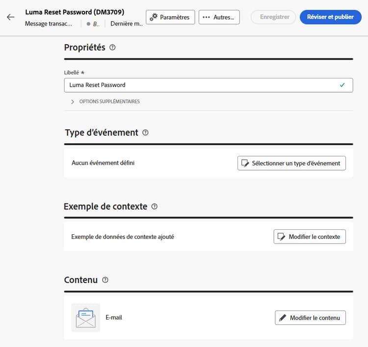 Capture d’écran affichant la page de configuration des messages transactionnels.