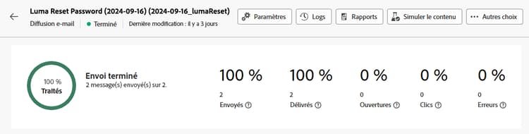 Capture d’écran affichant le reporting détaillé d’un message transactionnel sélectionné.