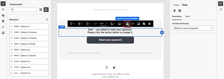 Capture d’écran affichant l’icône de personnalisation dans l’éditeur de contenu.