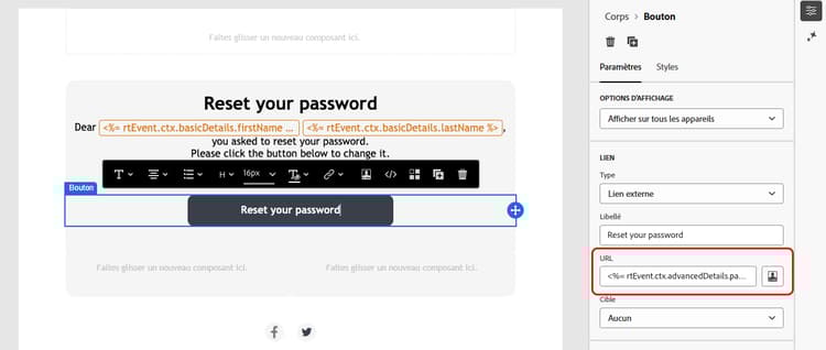 Capture d’écran affichant la personnalisation du bouton de réinitialisation du mot de passe.