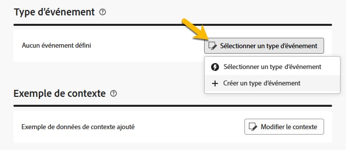 Capture d’écran affichant la configuration du type d’événement pour les messages transactionnels.