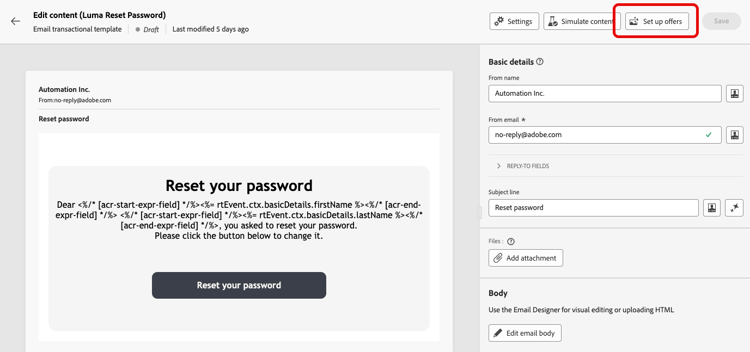 Capture d’écran affichant la configuration des offres dans les messages transactionnels.