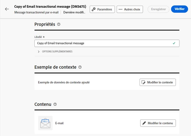 Capture d’écran affichant la page de configuration des modèles de messages transactionnels.