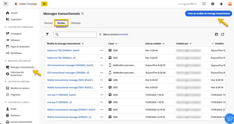 Capture d’écran affichant la section des modèles transactionnels dans l’interface d’utilisation web de Campaign.