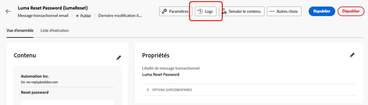 Capture d’écran affichant le bouton Logs dans l’interface de message transactionnel.
