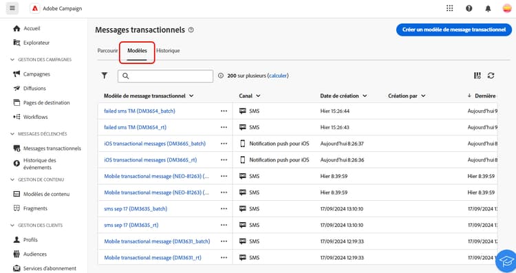 Capture d’écran affichant la section des modèles transactionnels dans l’interface d’utilisation web de Campaign.