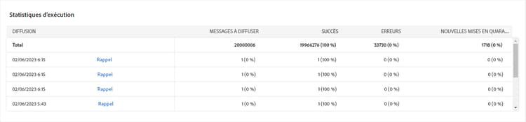 Capture d’écran du tableau Statistiques d’exécution détaillant le succès de la diffusion