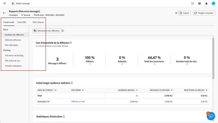 Capture d’écran affichant le menu de gauche avec les options de rapport et les onglets pour les données de canal