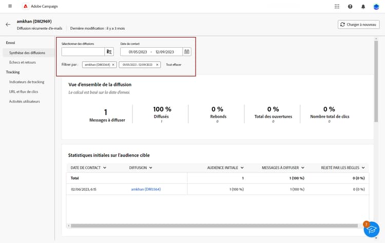 Sélection d’une diffusion récurrente avec l’option Date de contact