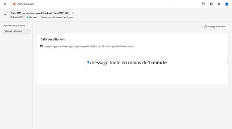 Description : l’image présente le rapport Débit de diffusion, qui inclut des mesures telles que le nombre de messages envoyés par heure au cours d’une période spécifiée.