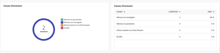Capture d’écran du rapport Causes d’exclusion, présentant les raisons des exclusions de la diffusion SMS.