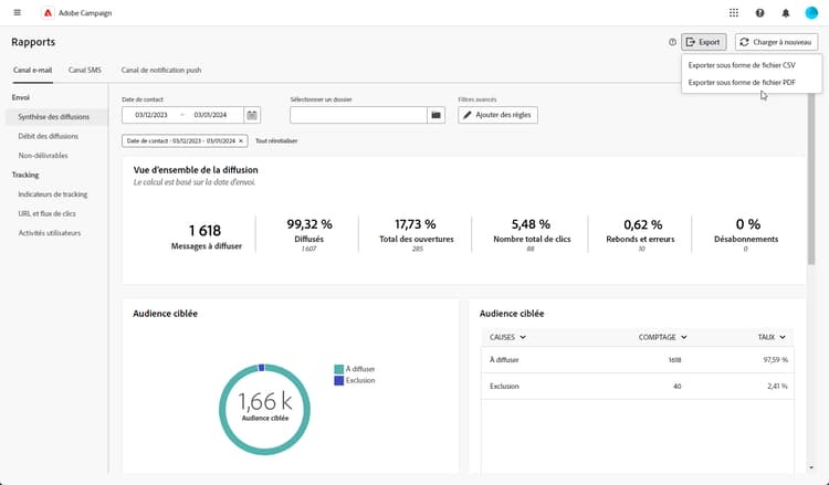 Capture d’écran montrant les options d’export dans l’interface du rapport global