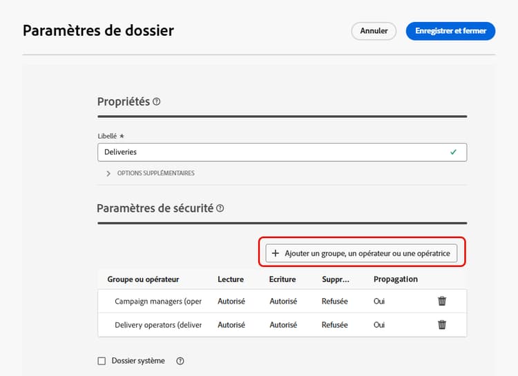 Exemple de paramètres de sécurité des dossiers dans Adobe Campaign
