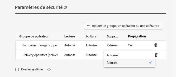 Exemple d’autorisations refusées dans les paramètres de sécurité des dossiers