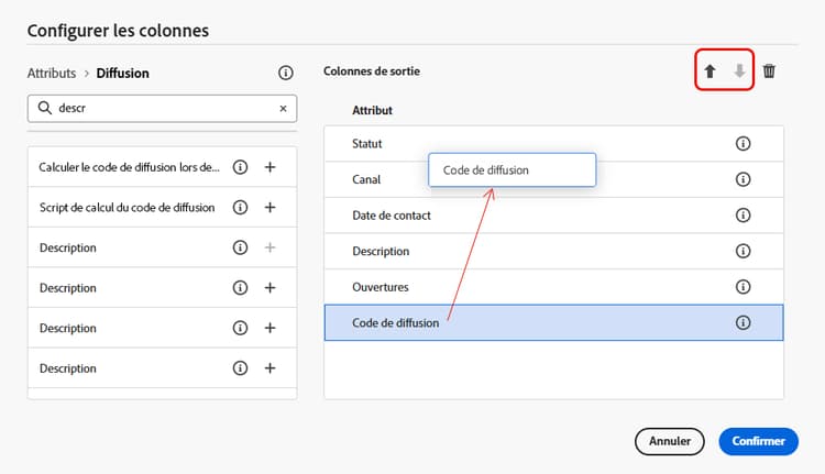 La capture d’écran montre comment réorganiser les colonnes de la liste à l’aide des du glisser-déposer ou des flèches.