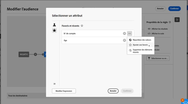 Menu Attributs favoris et récents, montrant les attributs favoris et récemment utilisés