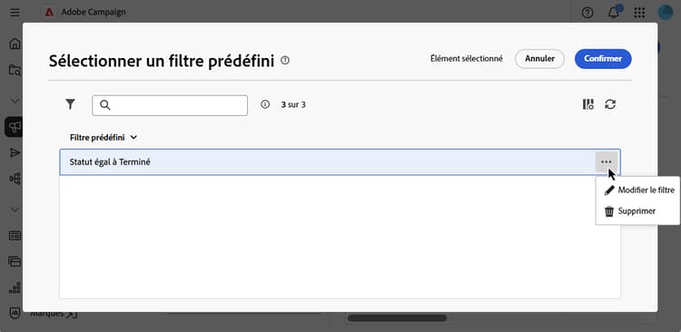 Interface de la liste de filtres prédéfinis
