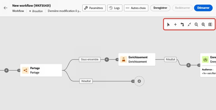 Options de la barre d’outils pour la zone de travail du workflow