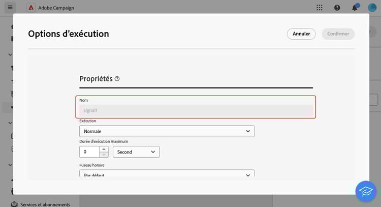 La capture d’écran affiche le nom de l’activité Signal externe dans les options d’exécution.