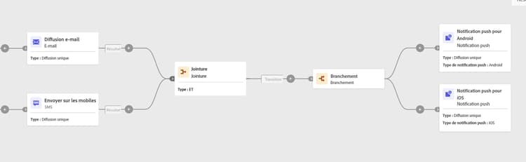 Exemple de workflow avec deux branches, affichant la diffusion par e-mail et par SMS suivie de notifications push.