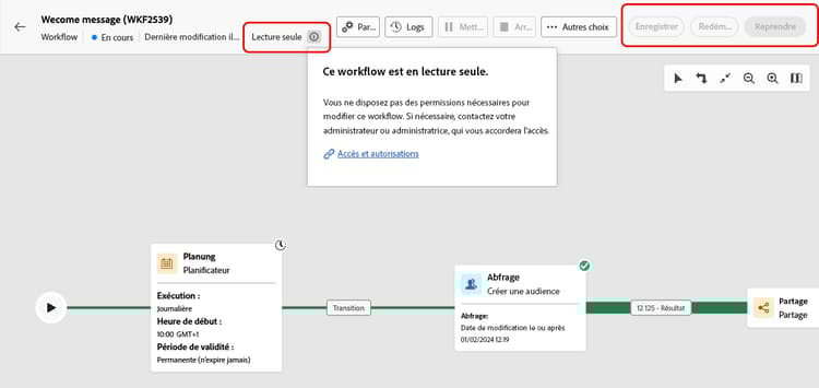 Interface de workflow en lecture seule affichant le bouton des paramètres et les boutons d’action désactivés.