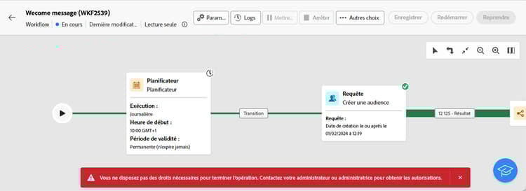Interface affichant des droits restreints pour la suppression de workflows.