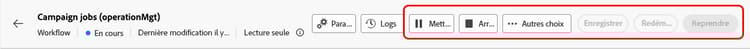 Interface de workflow technique en mode lecture seule, affichant les options permettant de suspendre ou d’arrêter les workflows.