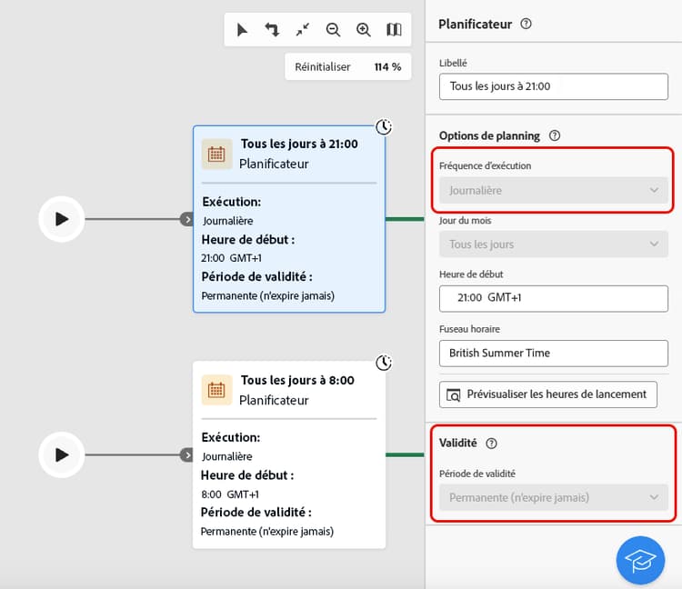 Interface du planificateur en mode lecture seule, affichant les options de paramètres désactivés.