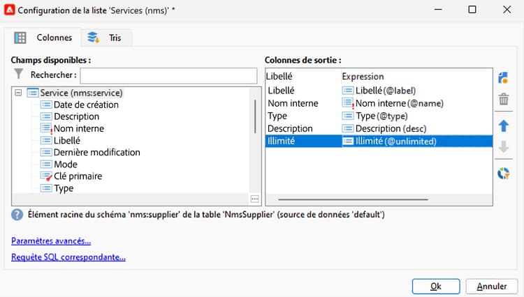 Écran de configuration de la liste