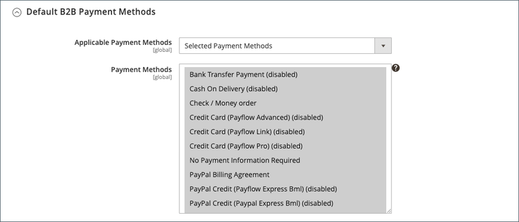 Configuration B2B - paramètres du mode de paiement par défaut
