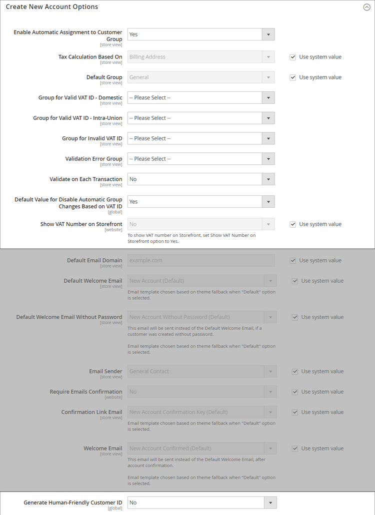 Créer des options de compte (champs de TVA)