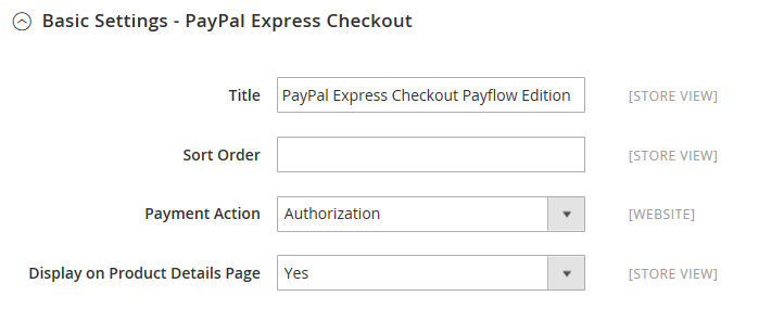 Paramètres de base du paiement express PayPal