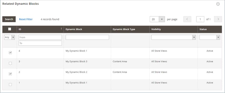 Ajout de blocs dynamiques sélectionnés