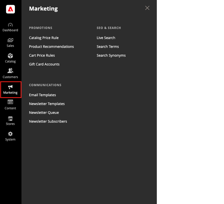 Administrateur Commerce - Menu marketing