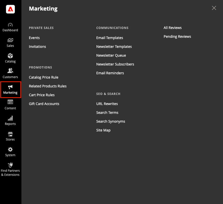 Administrateur Commerce - Menu marketing
