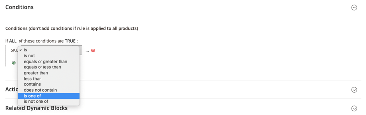 Condition de règle de prix du catalogue - SKU est l’un des ​