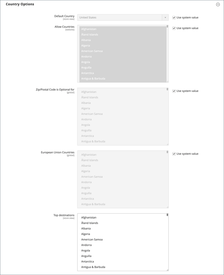 Configuration générale - paramètres du pays