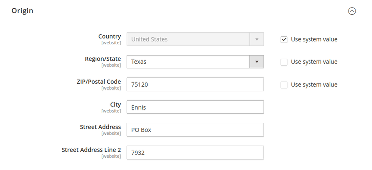 Configuration des ventes - options d’adresse d’origine de livraison