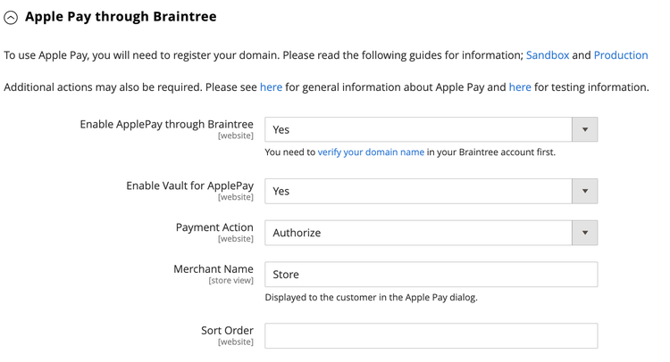 Paramètres du Braintree ApplePay