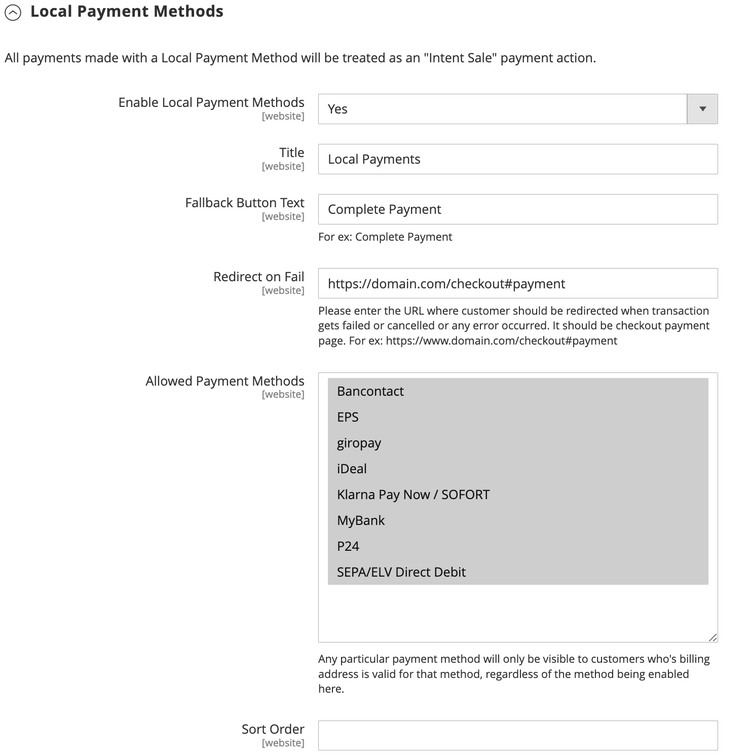 Paramètres des méthodes de paiement locales