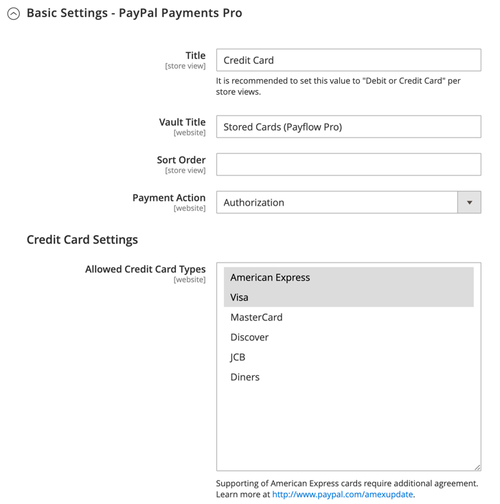 Paramètres de base PayPal payment Pro