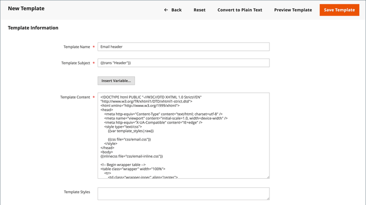 Informations sur l’en-tête du modèle de courrier électronique