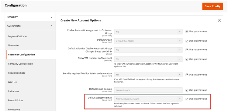 Configuration des clients - modèle d’email de bienvenue par défaut