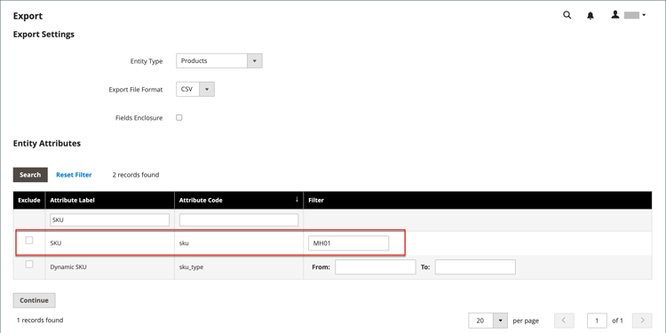 SKU d’exportation de données