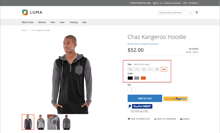 Exemple de storefront - attributs de taille et de couleur