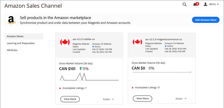 Page d’accueil du canal de vente Amazon avec une nouvelle carte de boutique
